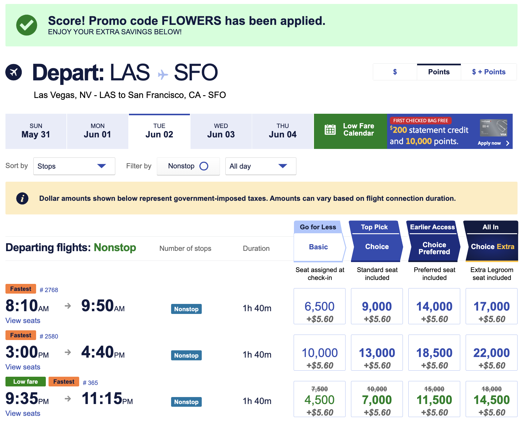 SW FLOWERS April 2026 LAS SFO points SW FLOWERS April 2026 LAS SFO points