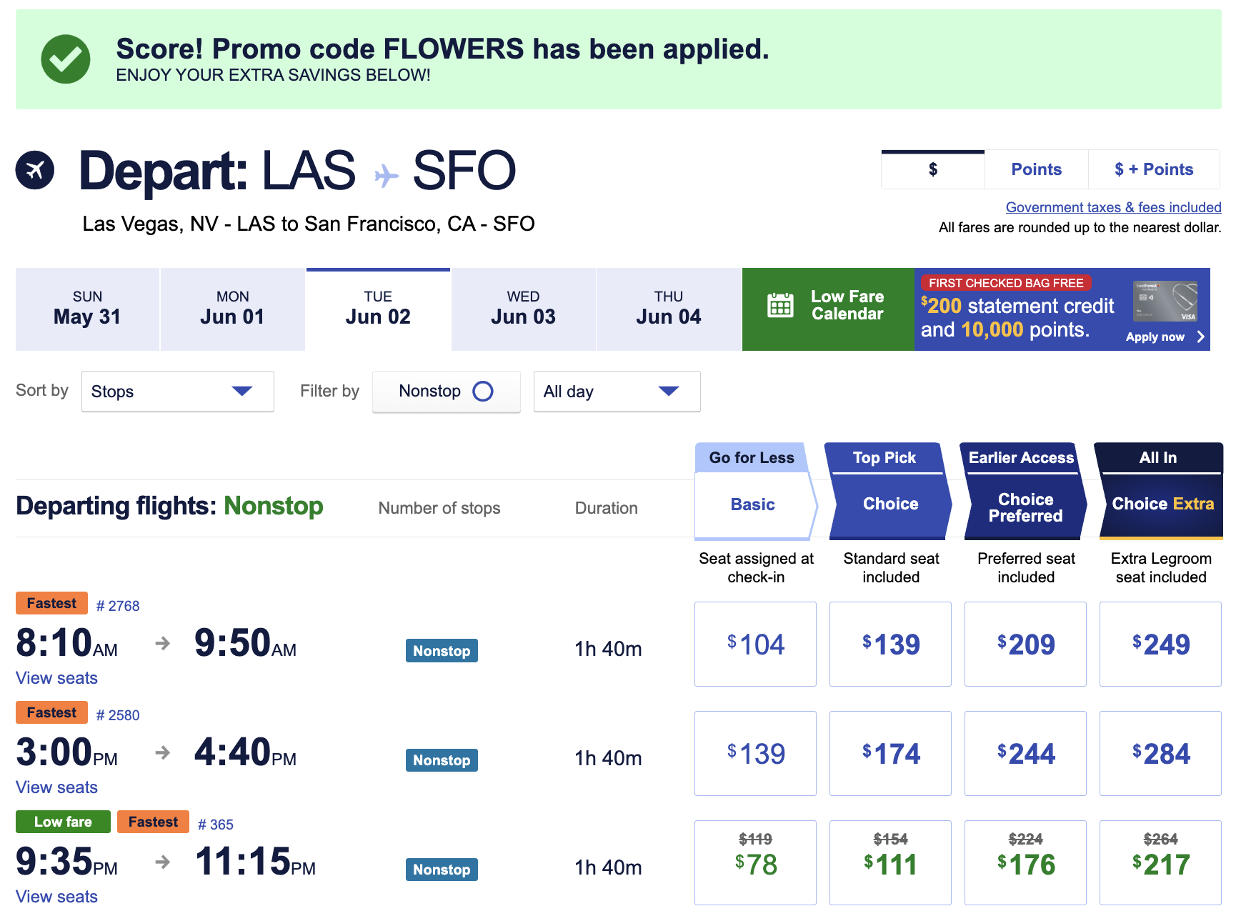 SW FLOWERS April 2026 LAS SFO sale SW FLOWERS April 2026 LAS SFO sale