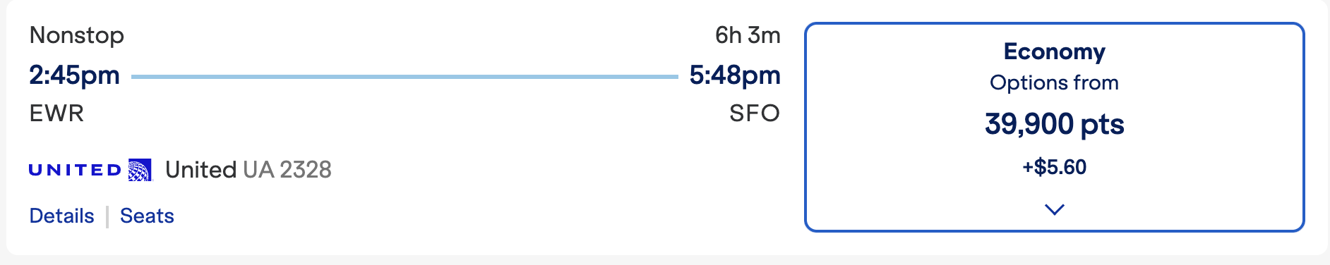 Screenshot 2026 02 26 at 7.13.23 PM United EWR - SFO TrueBlue points