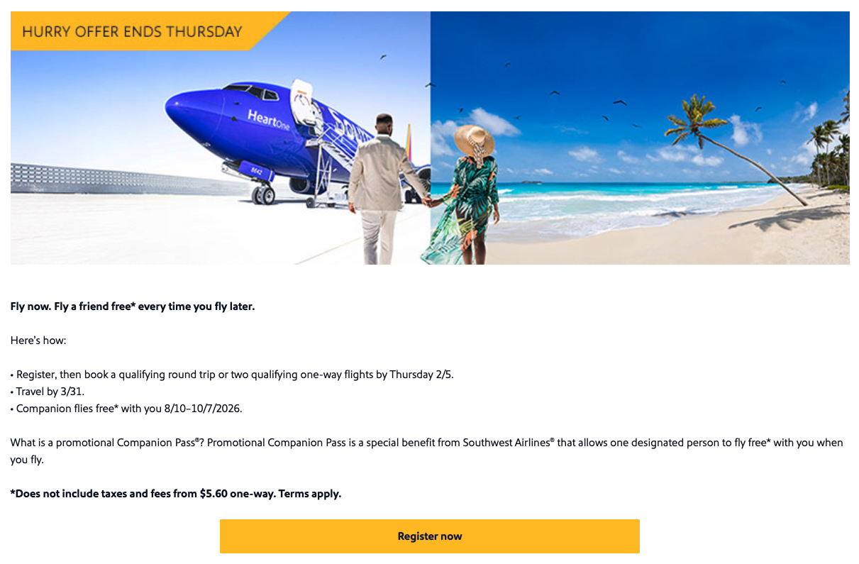 Southwest Companion Pass promotion February 2026 Southwest Companion Pass promotion February 2026