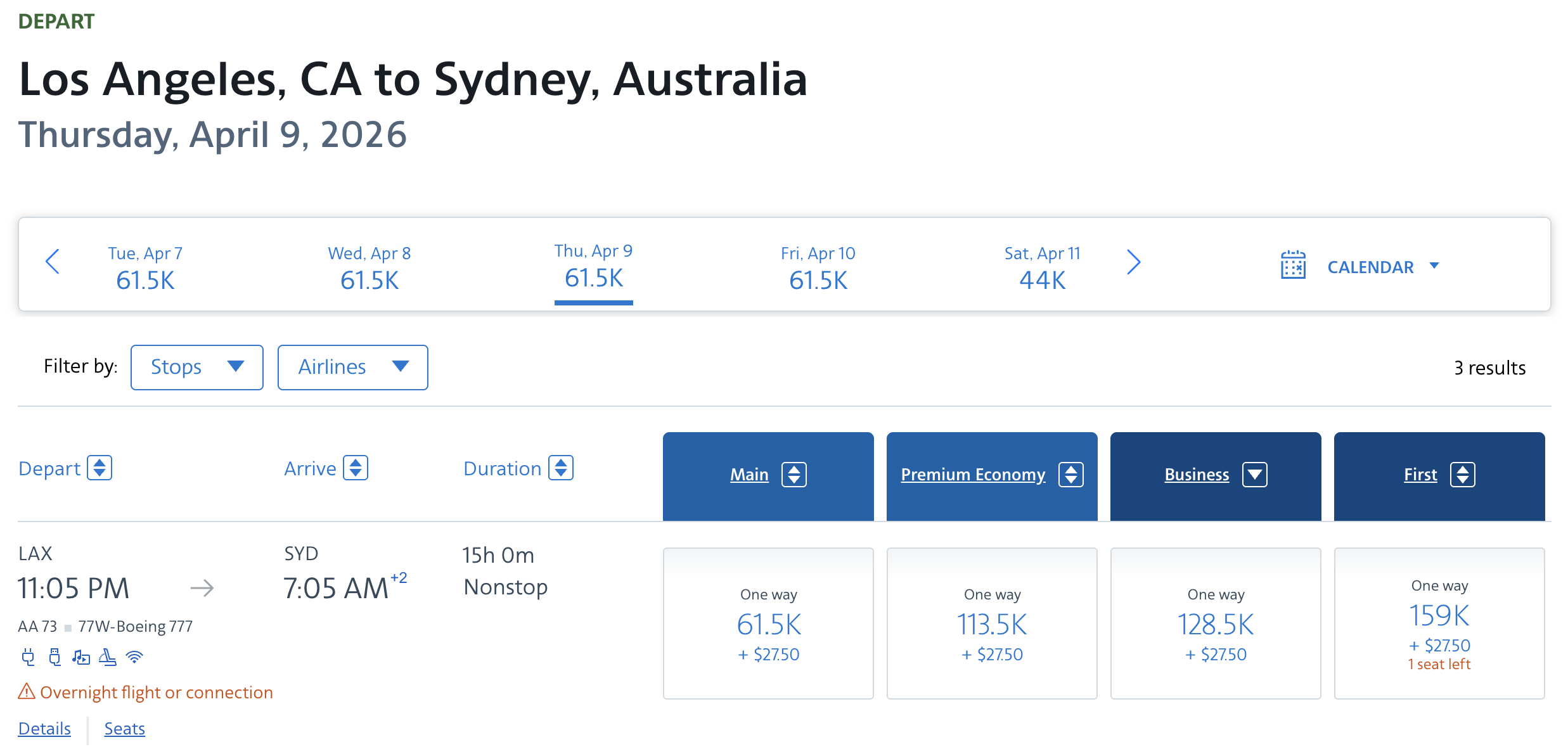 AA LAX SYD business example AA LAX SYD business example