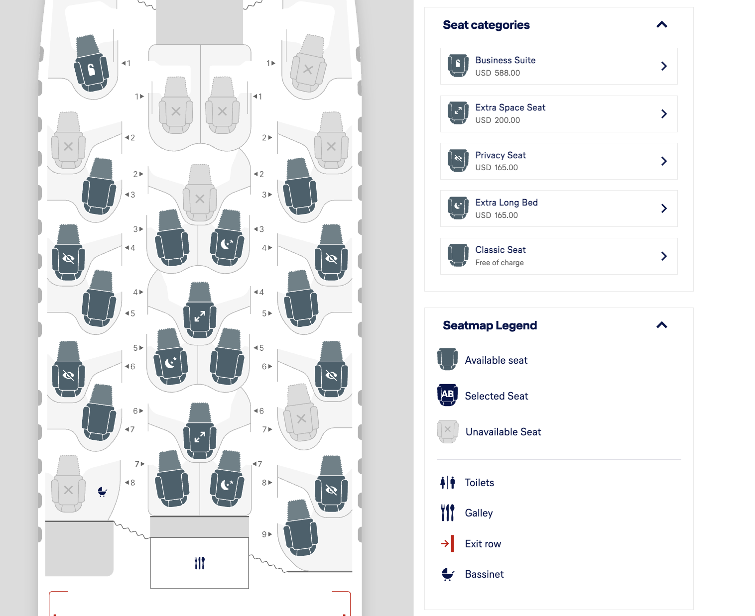 Allegris business class seat selection charges