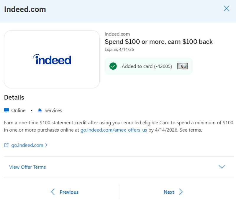 Amex Offer Indeed March 2026