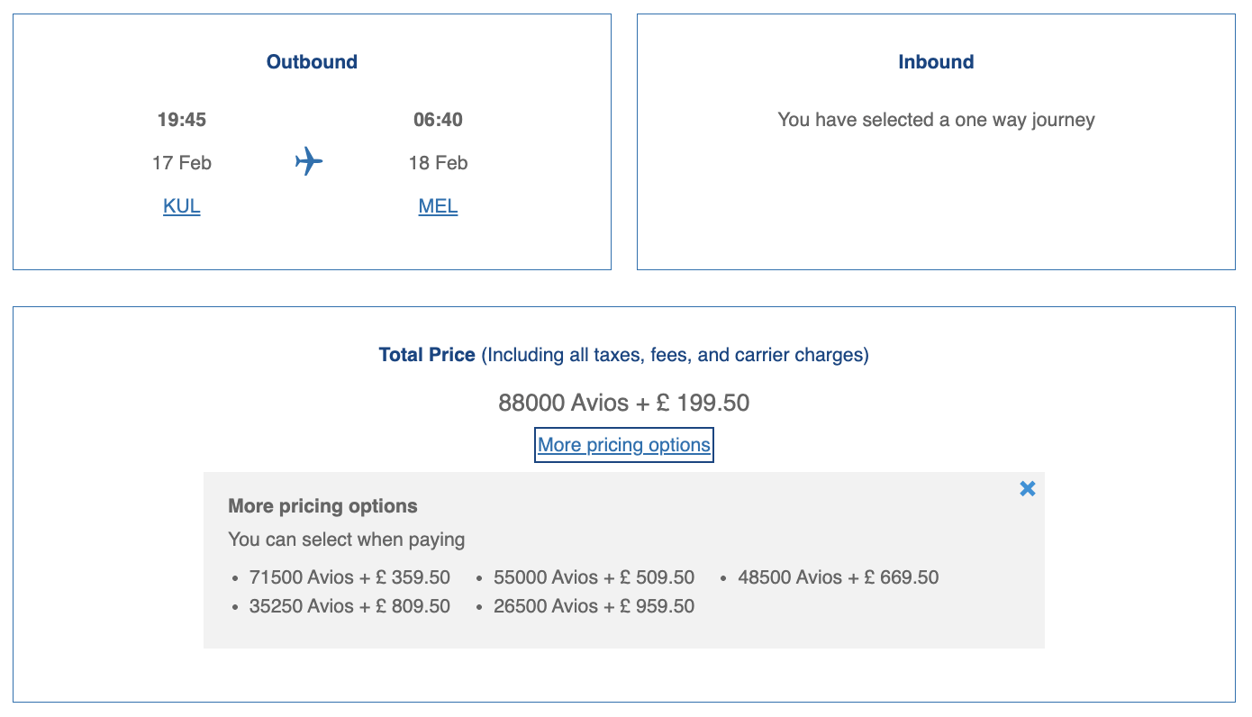 Avios redemption from Kuala Lumpur to Melbourne with British Airways
