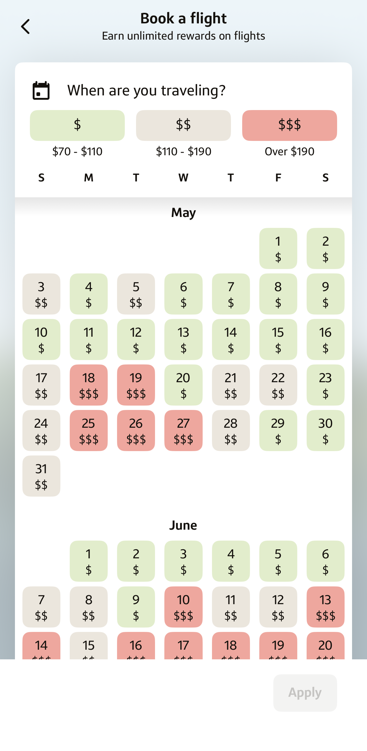 Capital One Travel App calendar colors
