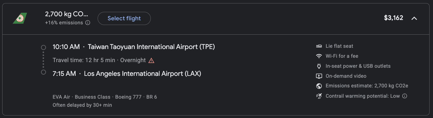 EVA Air business class TPE LAX Google Flights