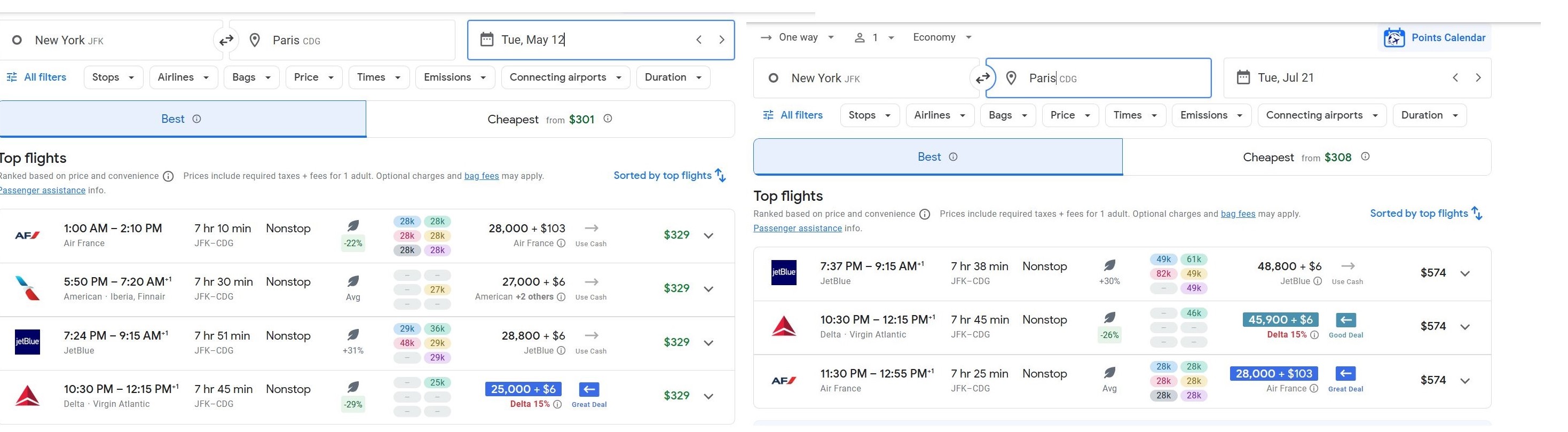 Google Flights May vs. December in New York JFK to Paris CDG Google Flights May vs. December in New York JFK to Paris CDG