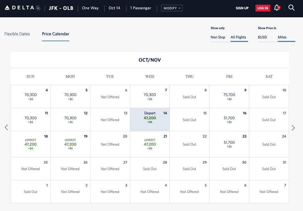 Screenshot High business class fares to Sardinia on Delta