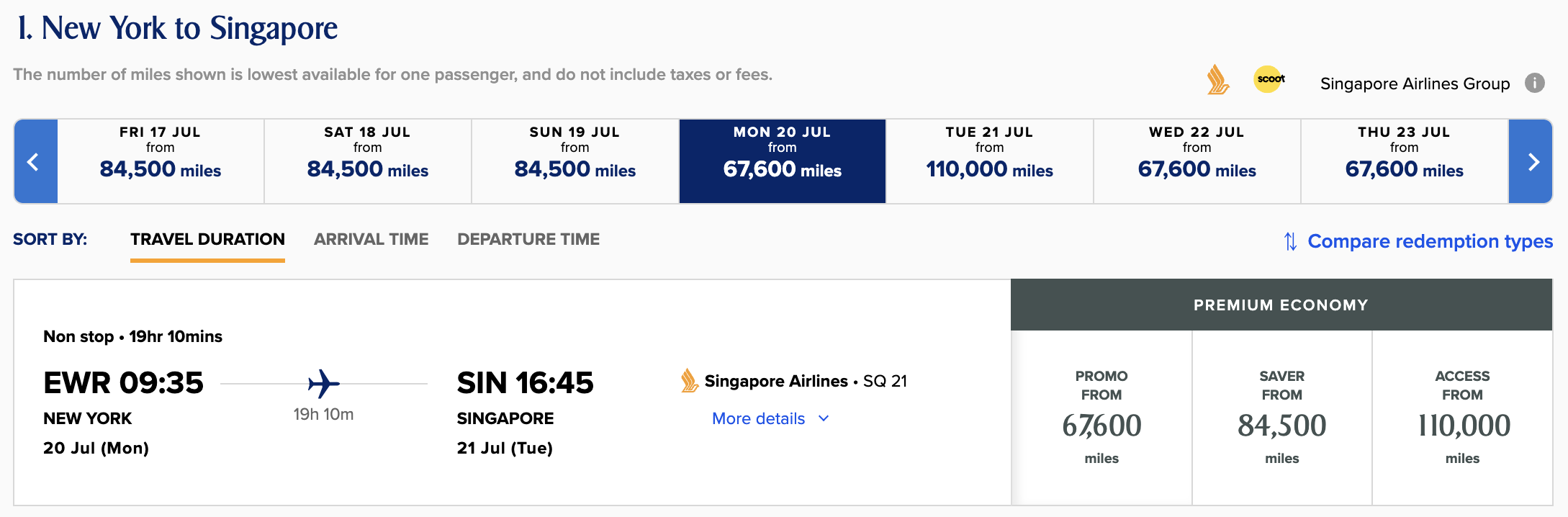 KrisFlyer redemption sale EWR SIN premium economy