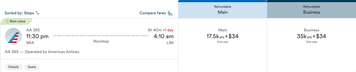 Screenshot of AA flight from MIA-LIM