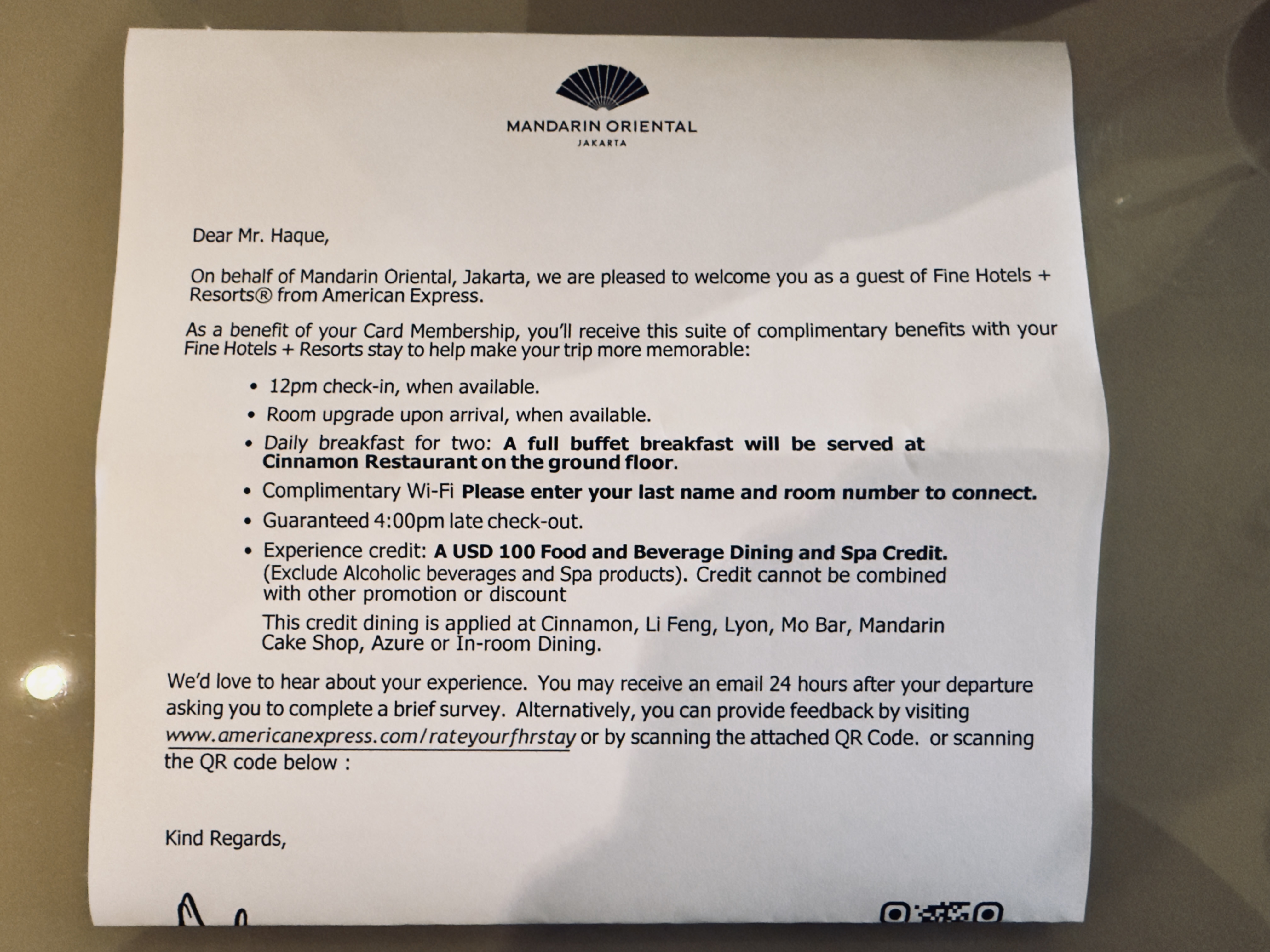 Mandarin Oriental, Jakarta Amex FHR benefits Mandarin Oriental, Jakarta Amex FHR benefits
