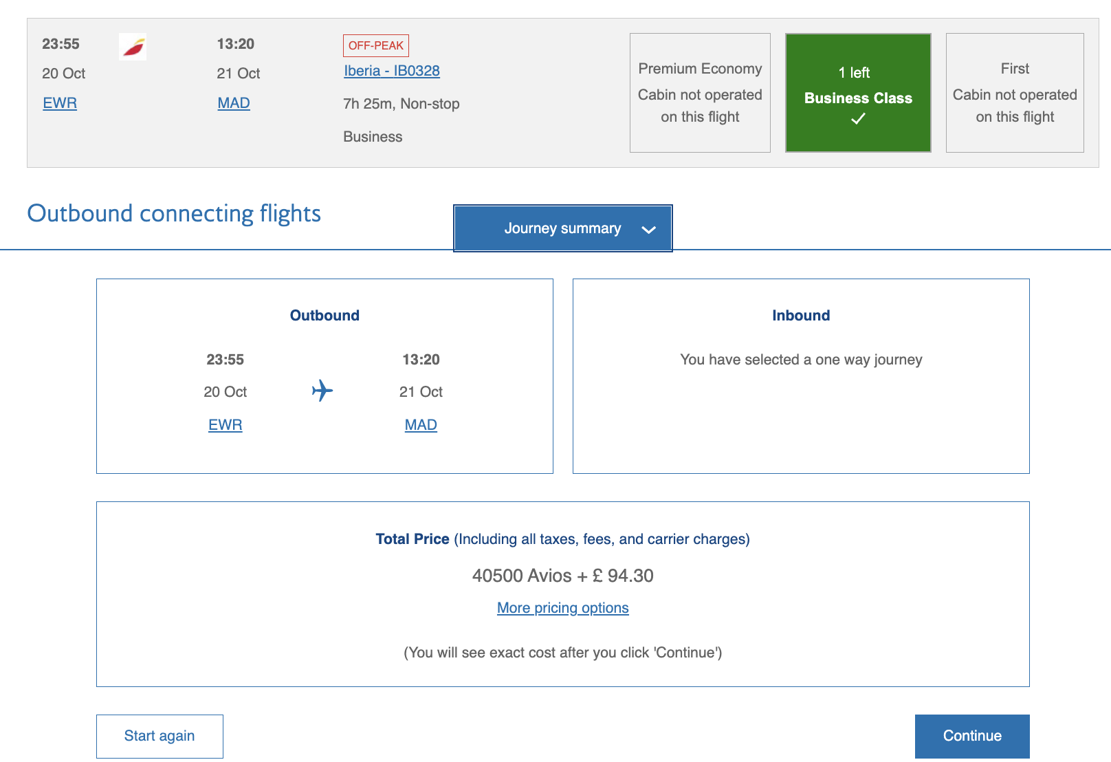 Newark to Madrid for 40k BA Avios in business class Newark to Madrid for 40k BA Avios in business class