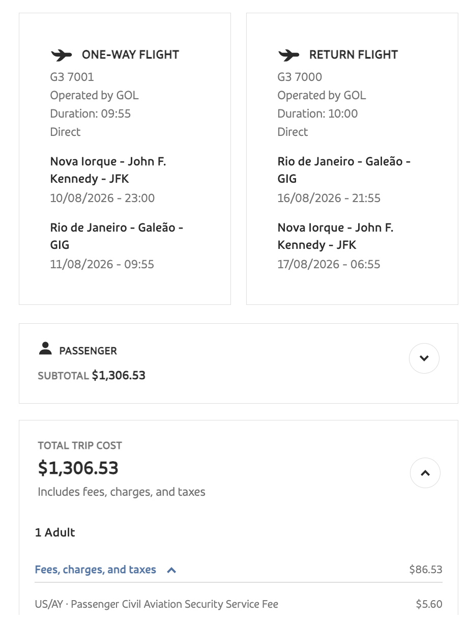 Return fare from JFK to Rio with GOL Return fare from JFK to Rio with GOL