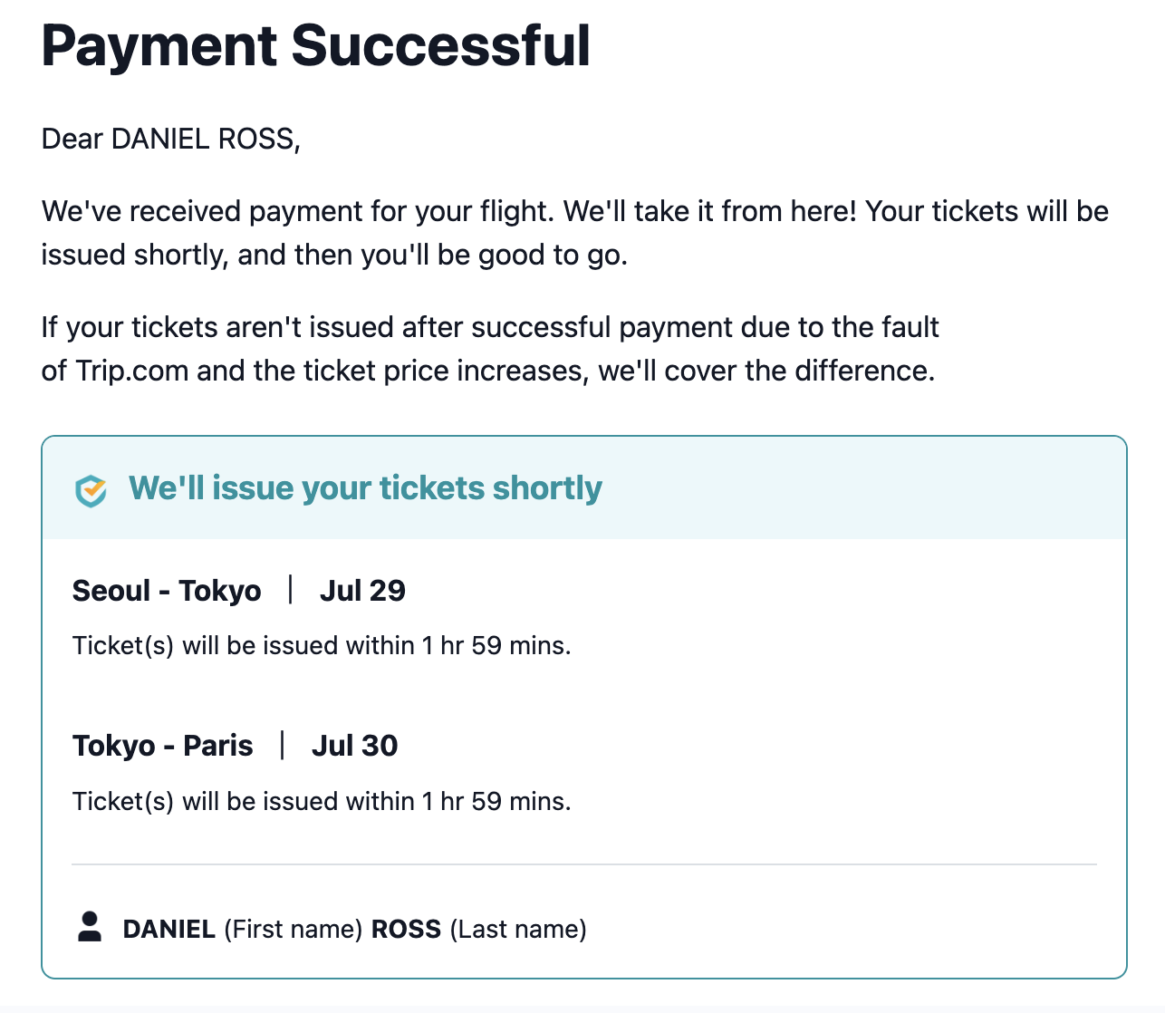 Trip dot com payment successful email Trip.com payment successful email