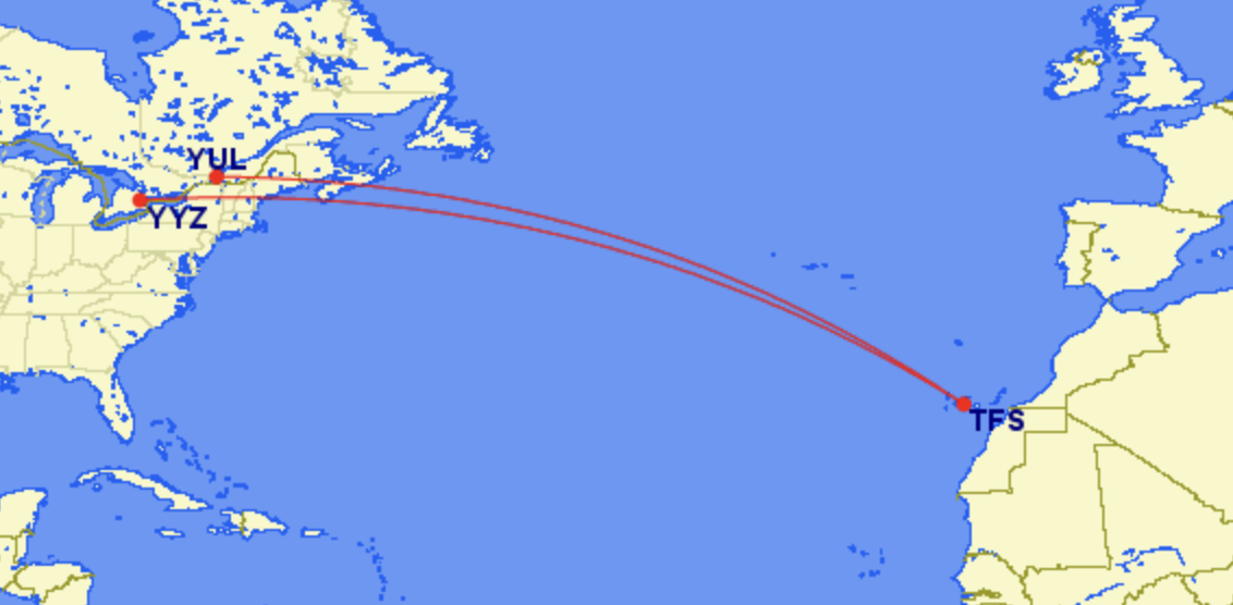 Air Canada route to Tenerife