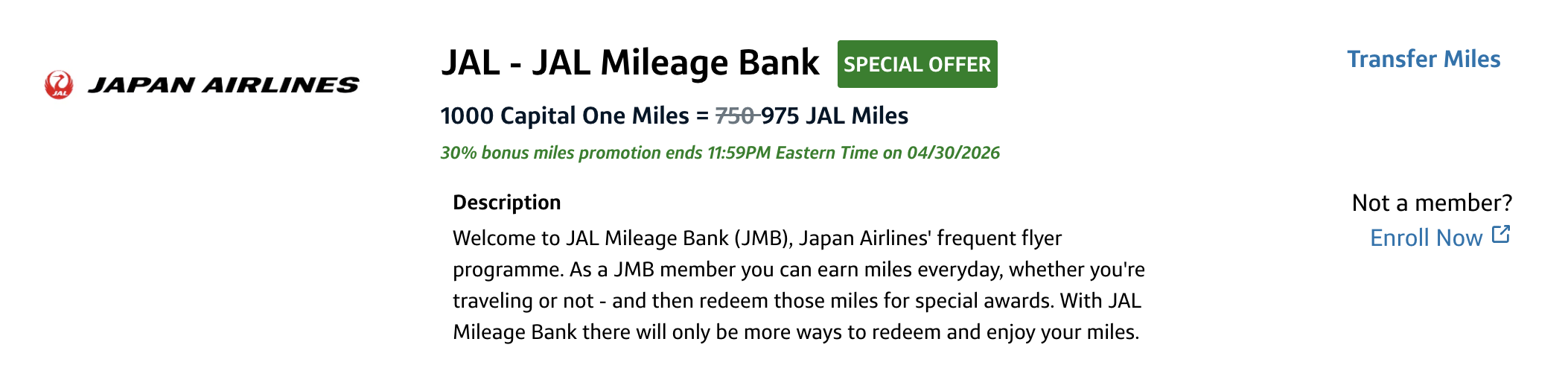 Capital One JAL transfer bonus April 2026