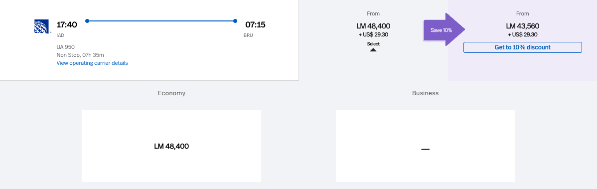 IAD to BRU economy Lifemiles price