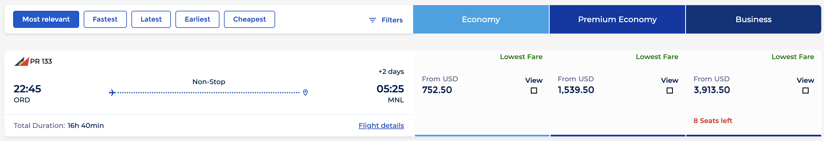 Philippine Airlines ORD MNL inaugural price