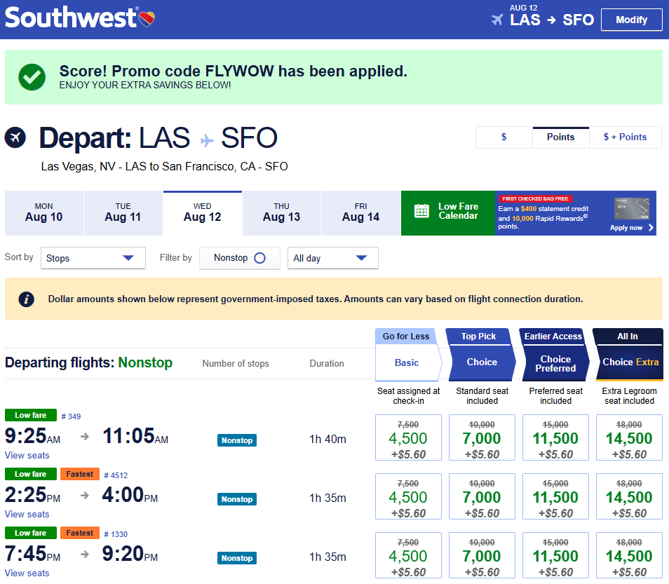 Southwest Airlines LAS SFO 081226 points Southwest Airlines LAS SFO 081226 points