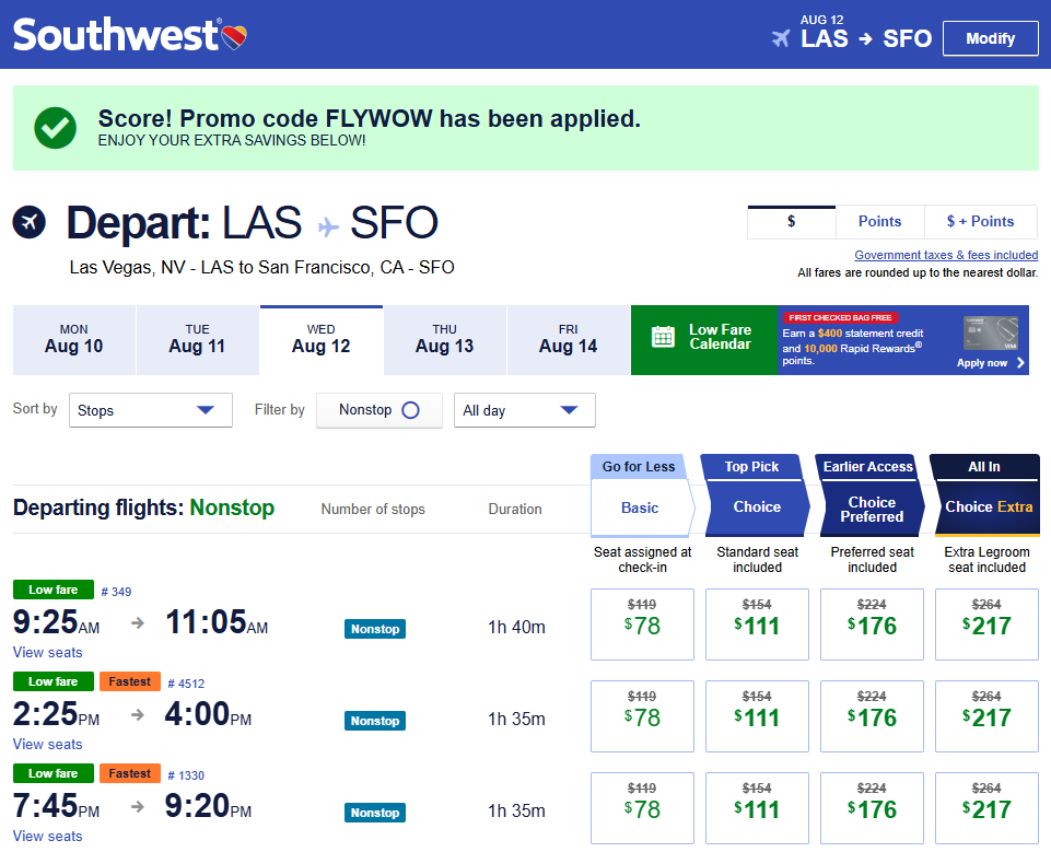 Southwest Airlines LAS SFO 081226 Southwest Airlines LAS SFO 081226
