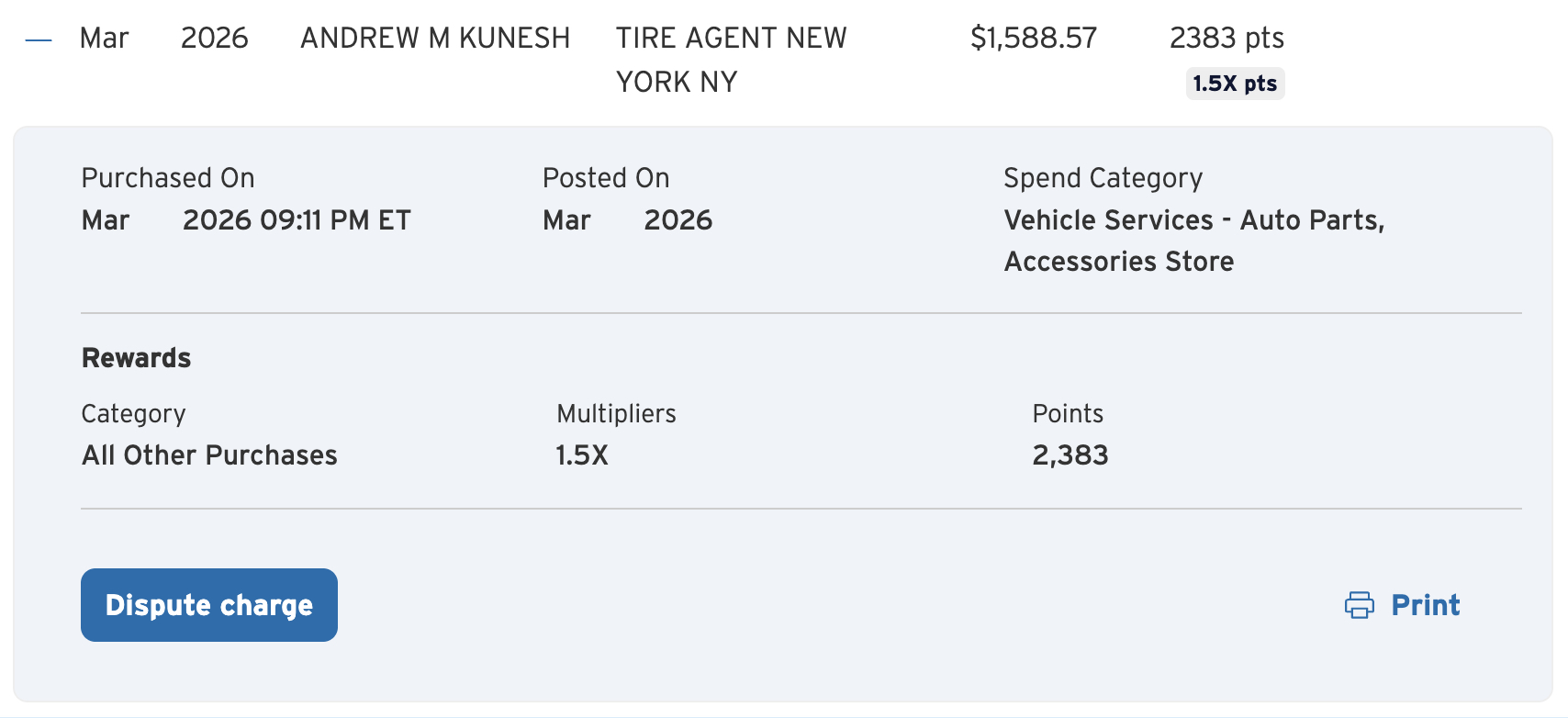 Tire Agent purchase on Citi Strata Elite card
