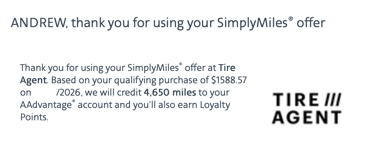 TireAgent SimplyMiles Confirmation