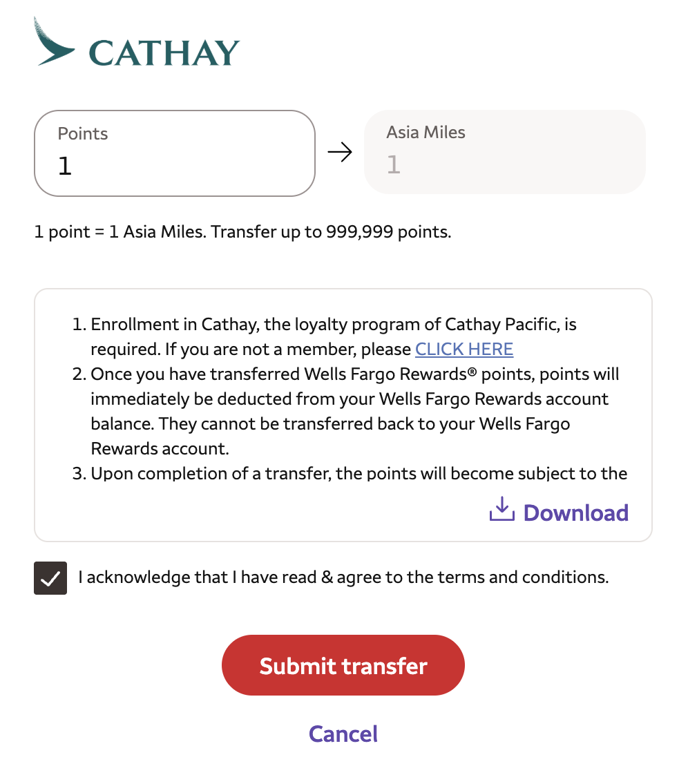 Transfer 1 point Wells Fargo to Cathay Transfer 1 point Wells Fargo to Cathay
