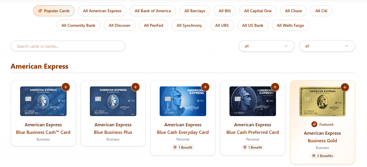 UseYourCredits credit card selection