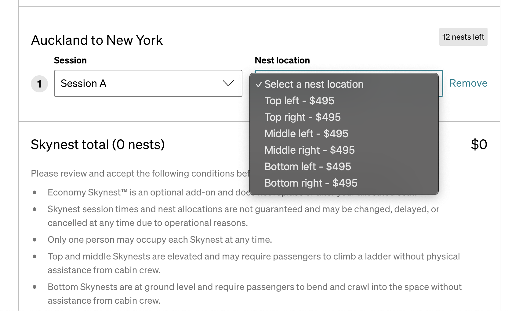 Air New Zealand Sky Nest Bunk Selection