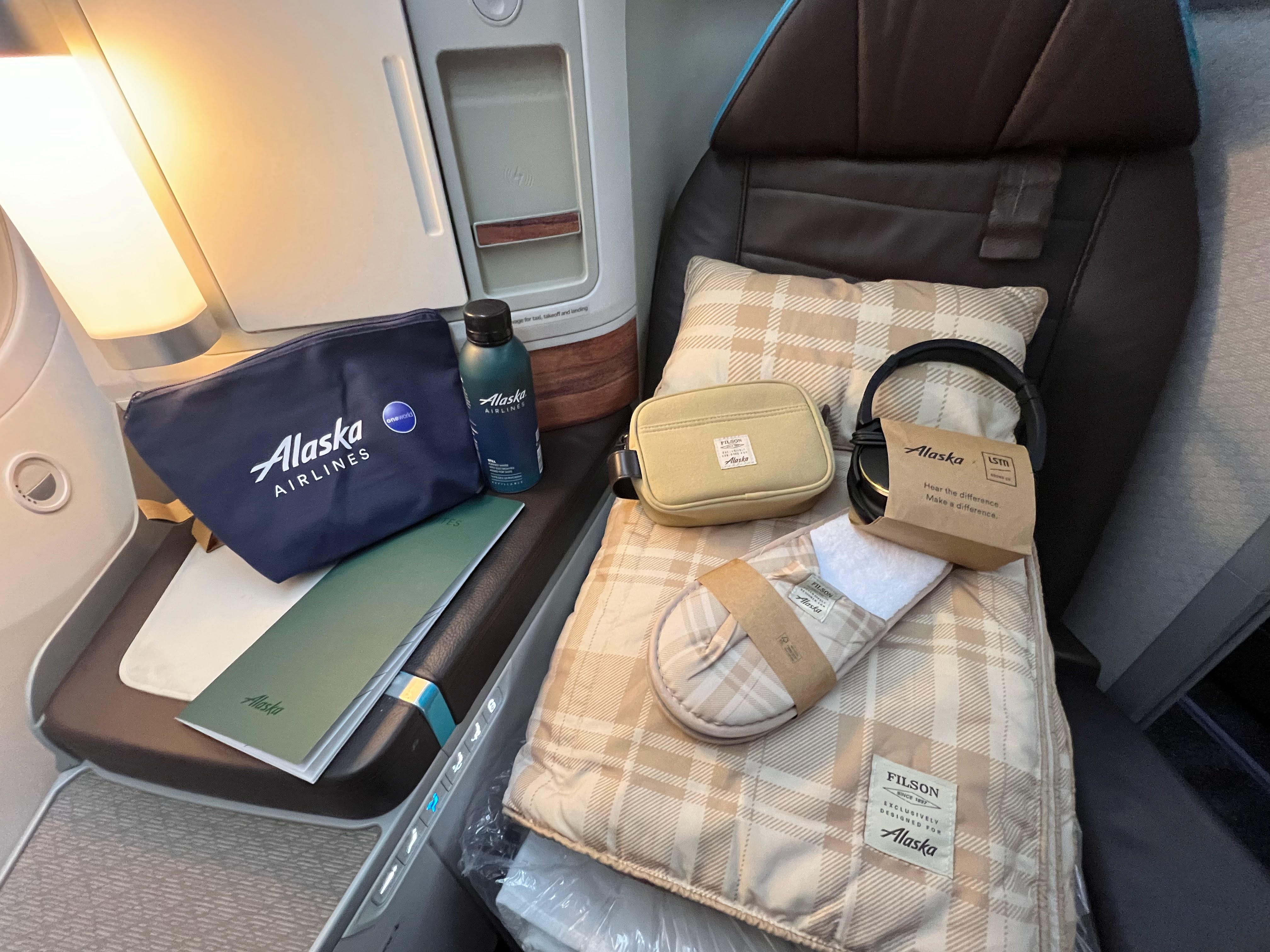 Alaska Airlines business class suites bedding and amenity kit