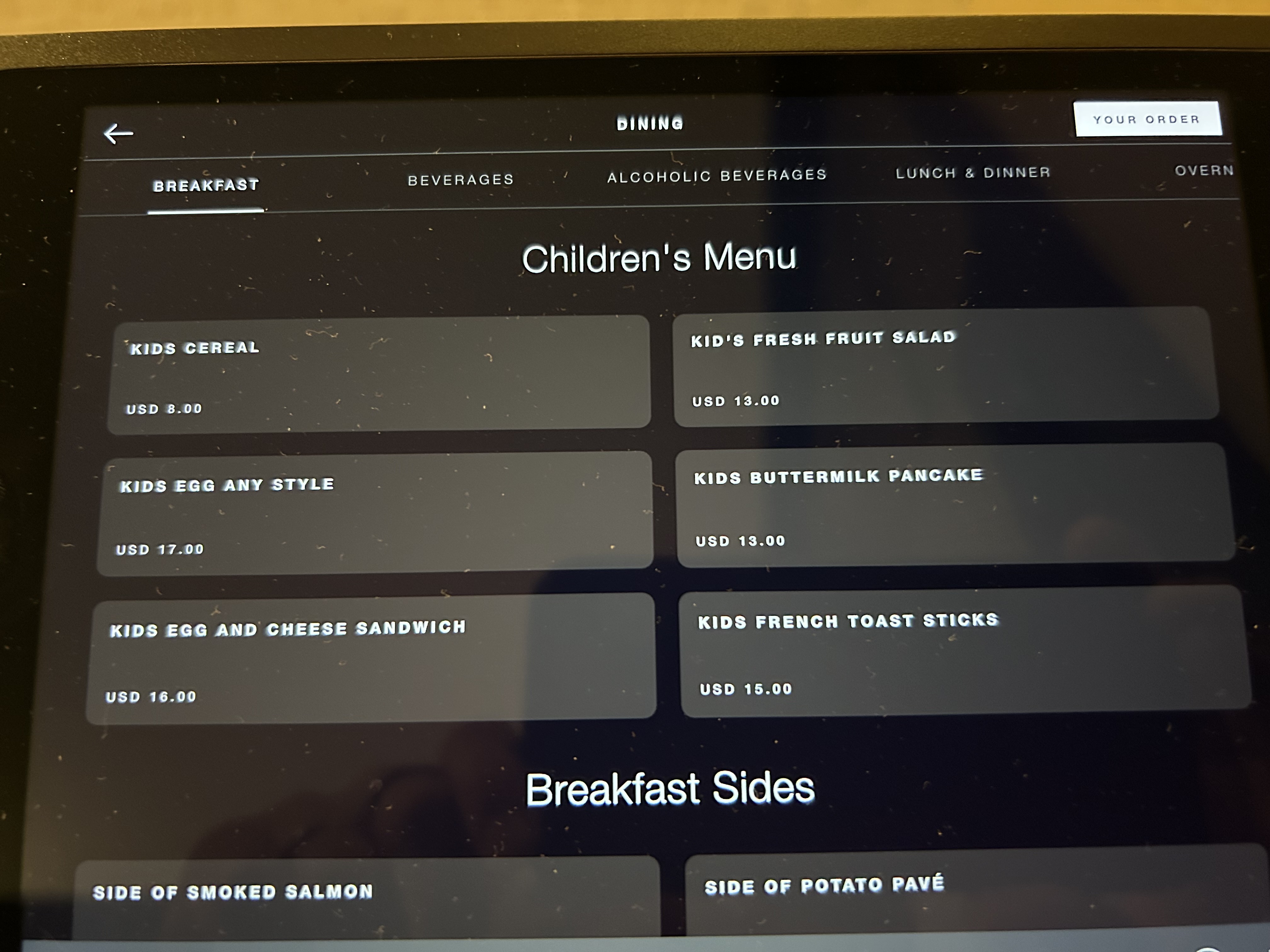 Four Seasons One Dalton Boston room 1502 room service kids menu