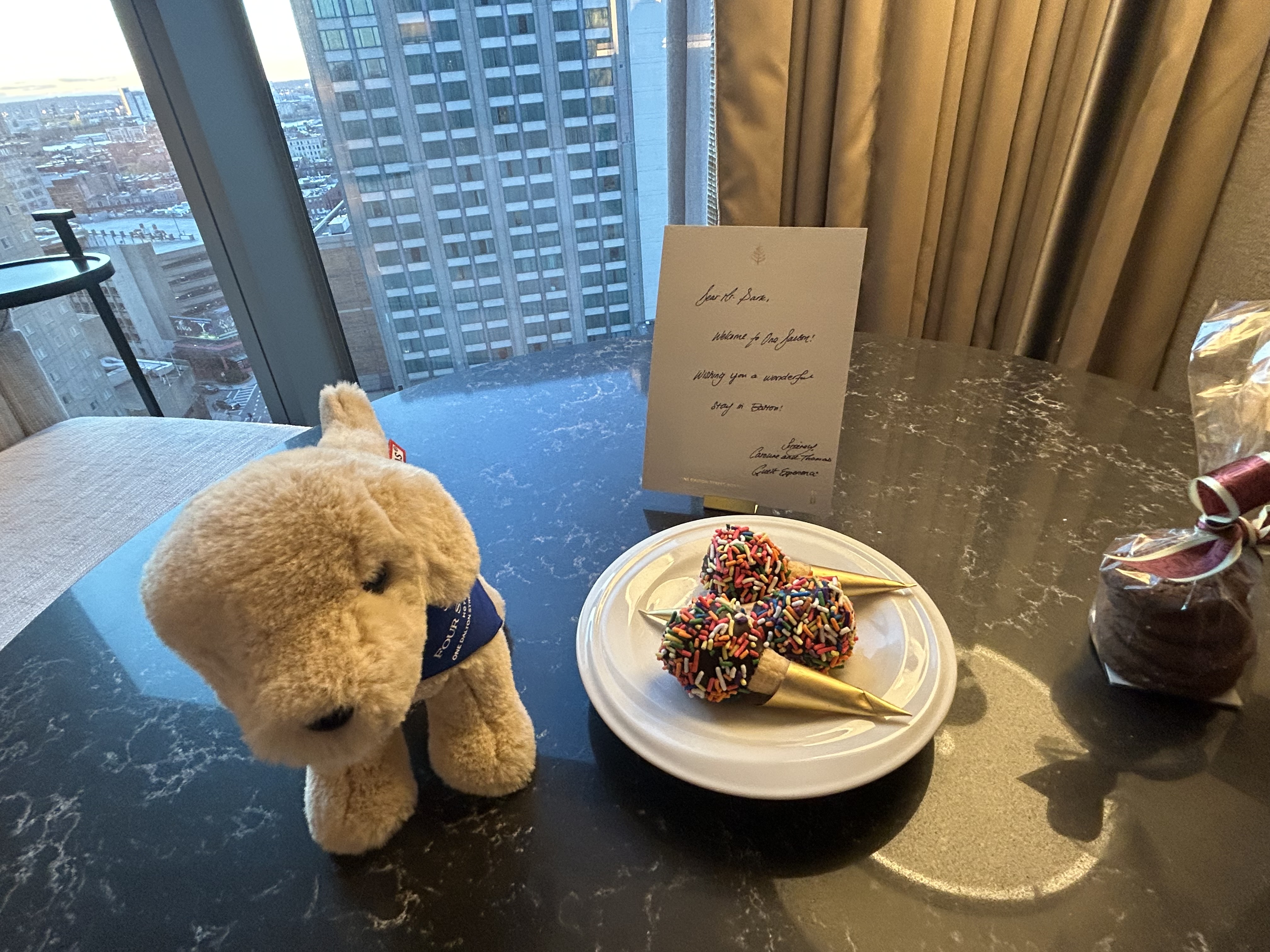 Four Seasons One Dalton Boston room 1502 welcome gifts
