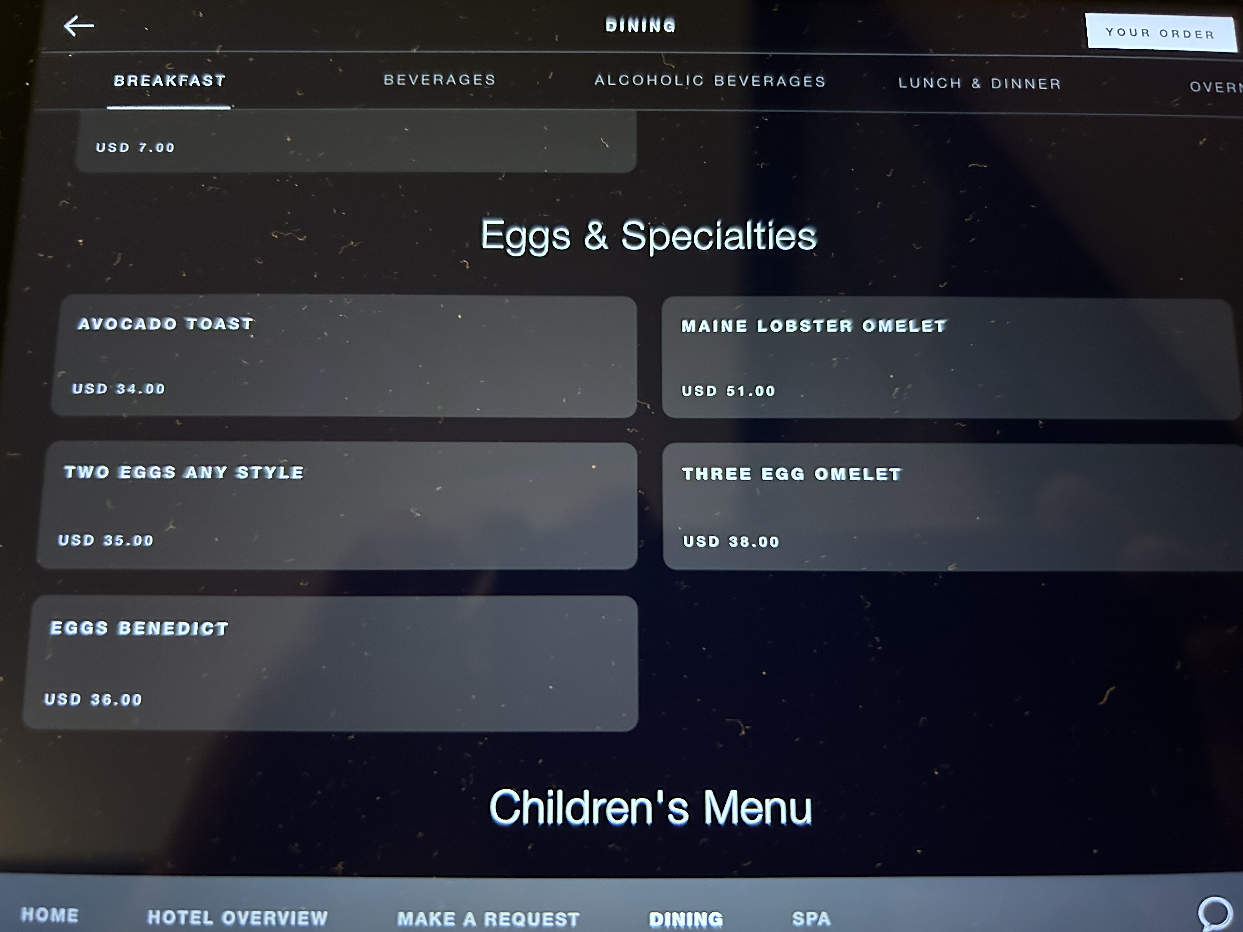 Four Seasons One Dalton Boston room service breakfast menu