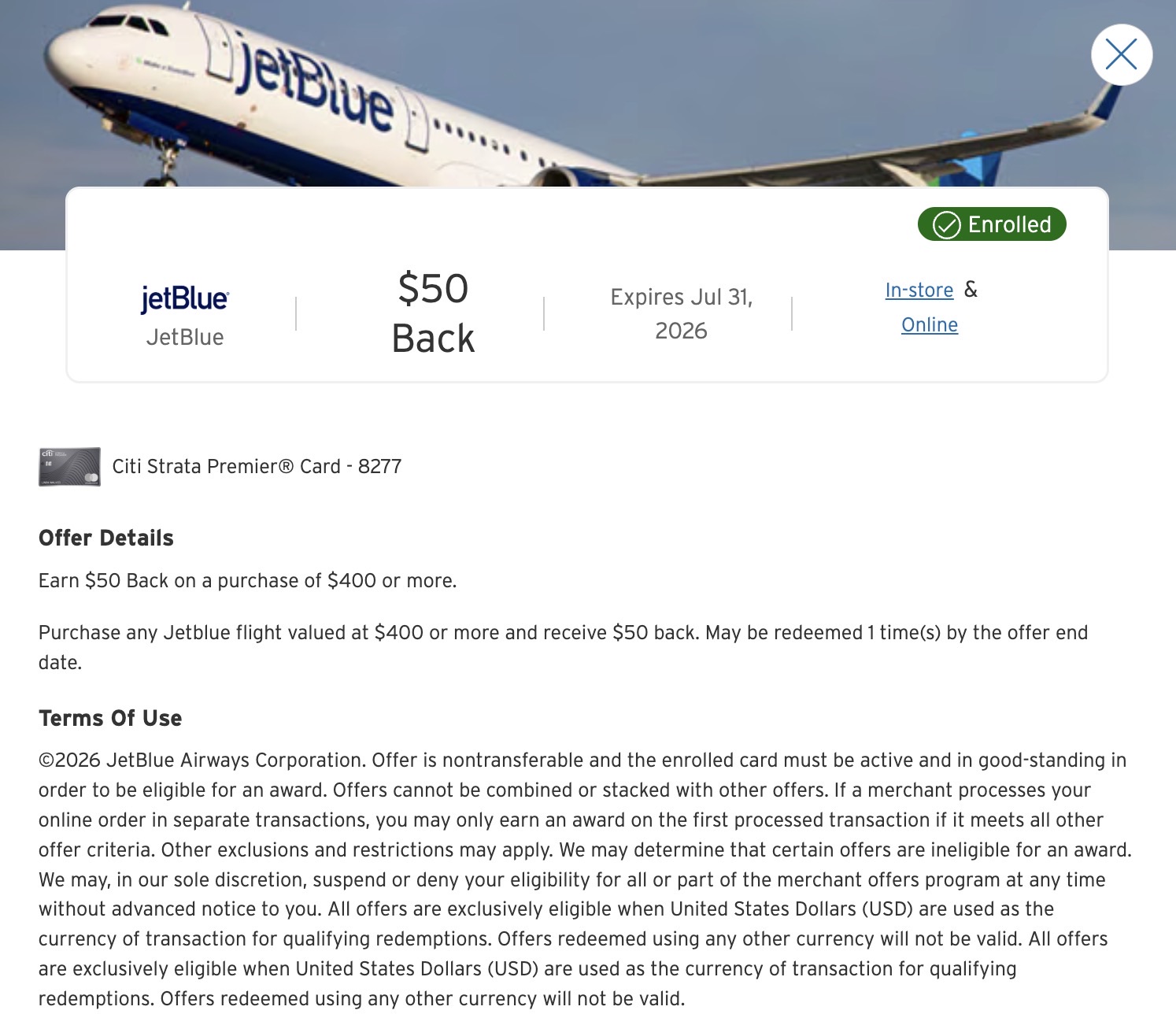 JetBlue Citi Merchant Offer