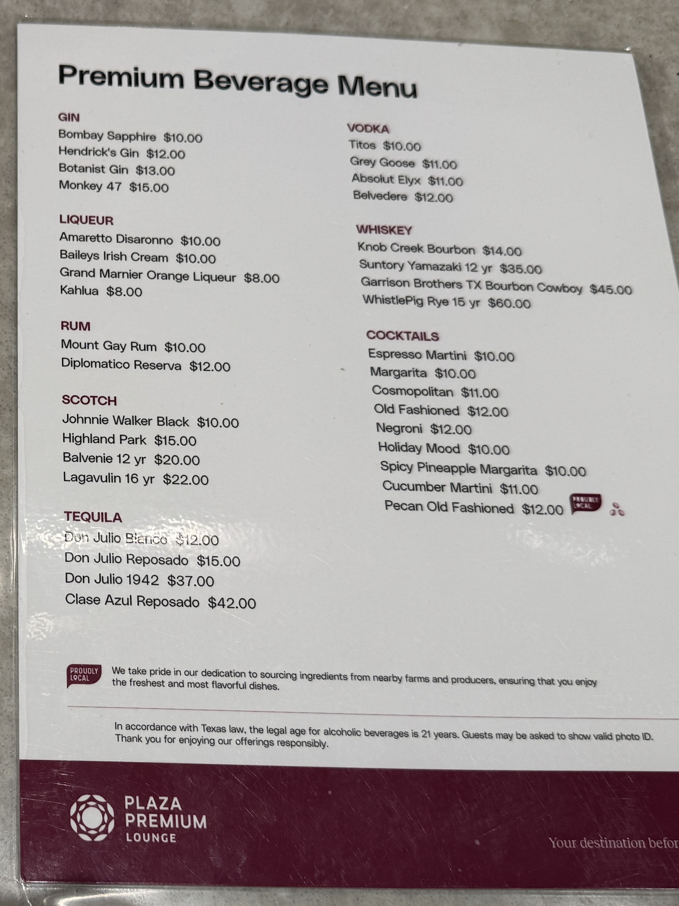 Plaza Premium Lounge DFW premium bar menu Plaza Premium Lounge DFW premium bar menu