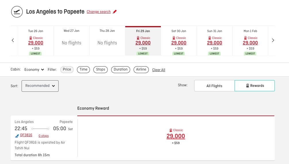 Qantas Air Tahiti Nut 29k Awards economy