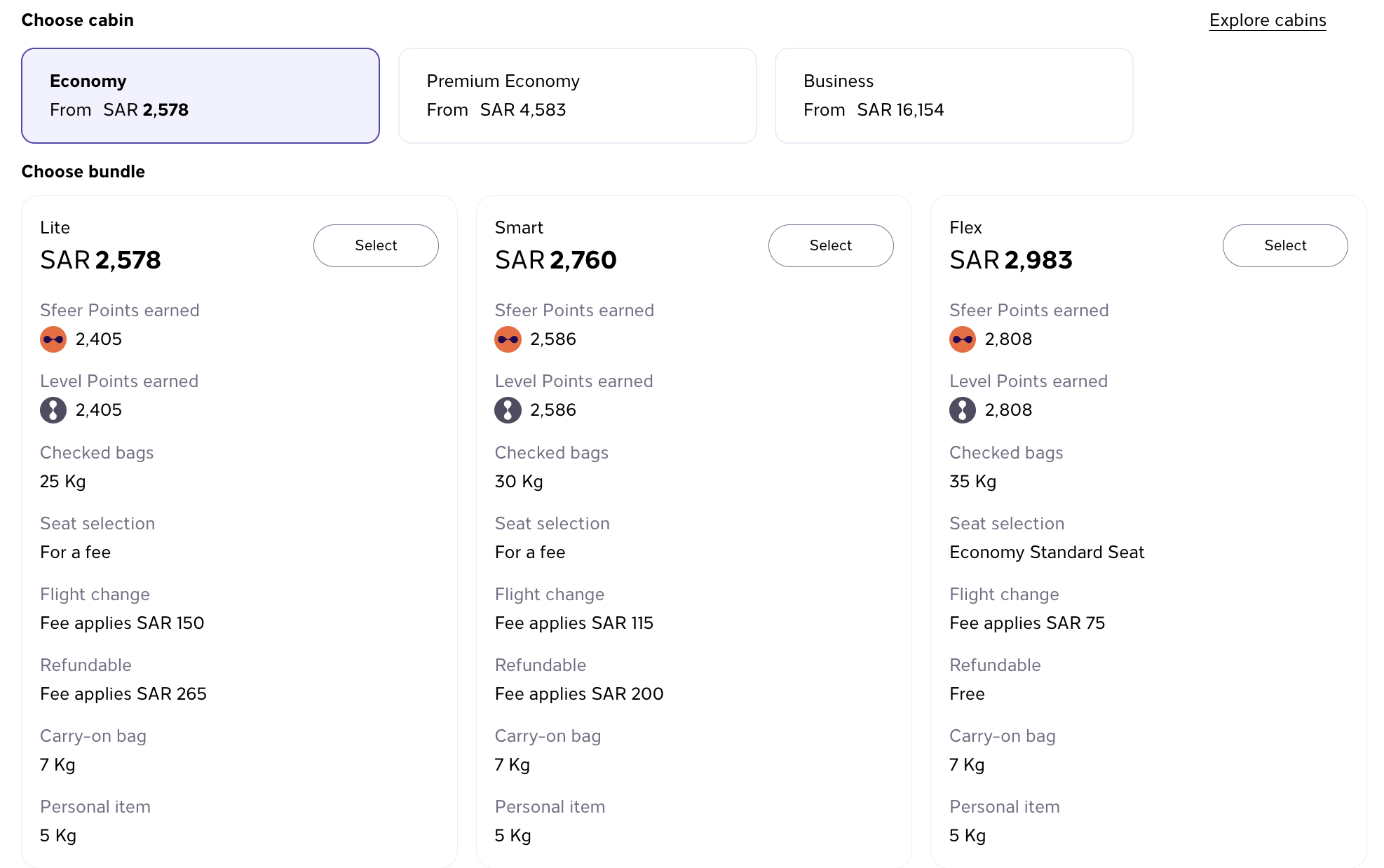 Riyadh Air economy class fare types and inclusions