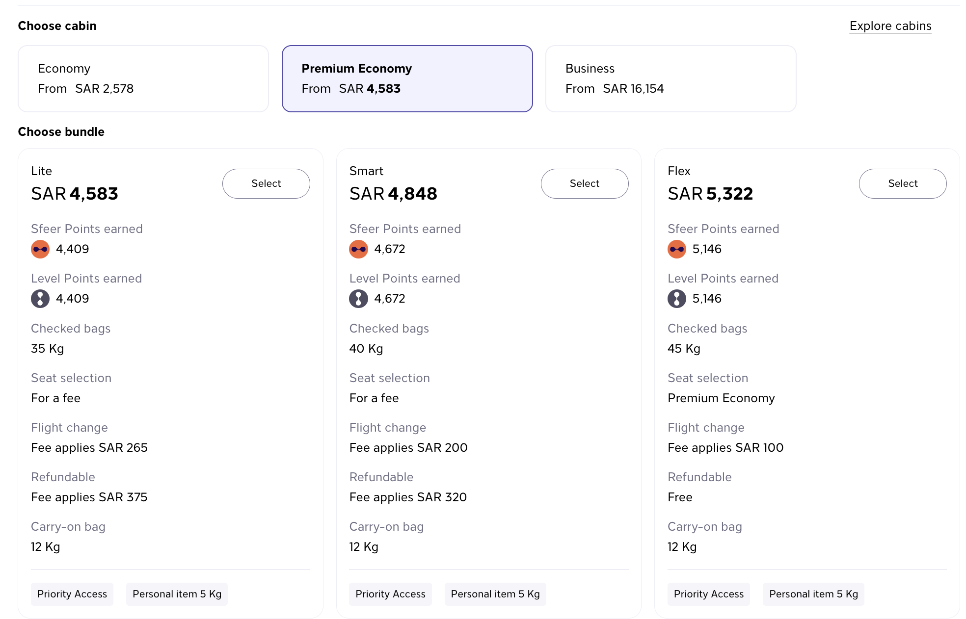 Riyadh Air premium economy fare types and inclusions