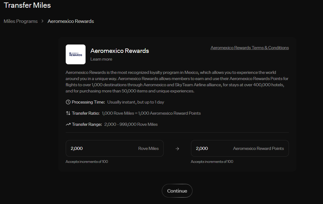 Rove transfer miles Aeromexico