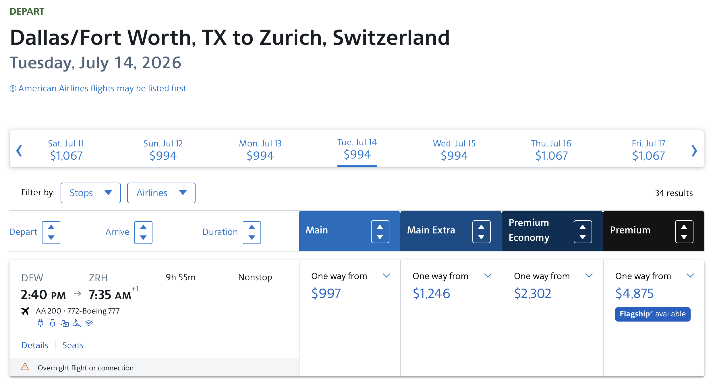 AA DFW ZRH Business Class Pricing cash