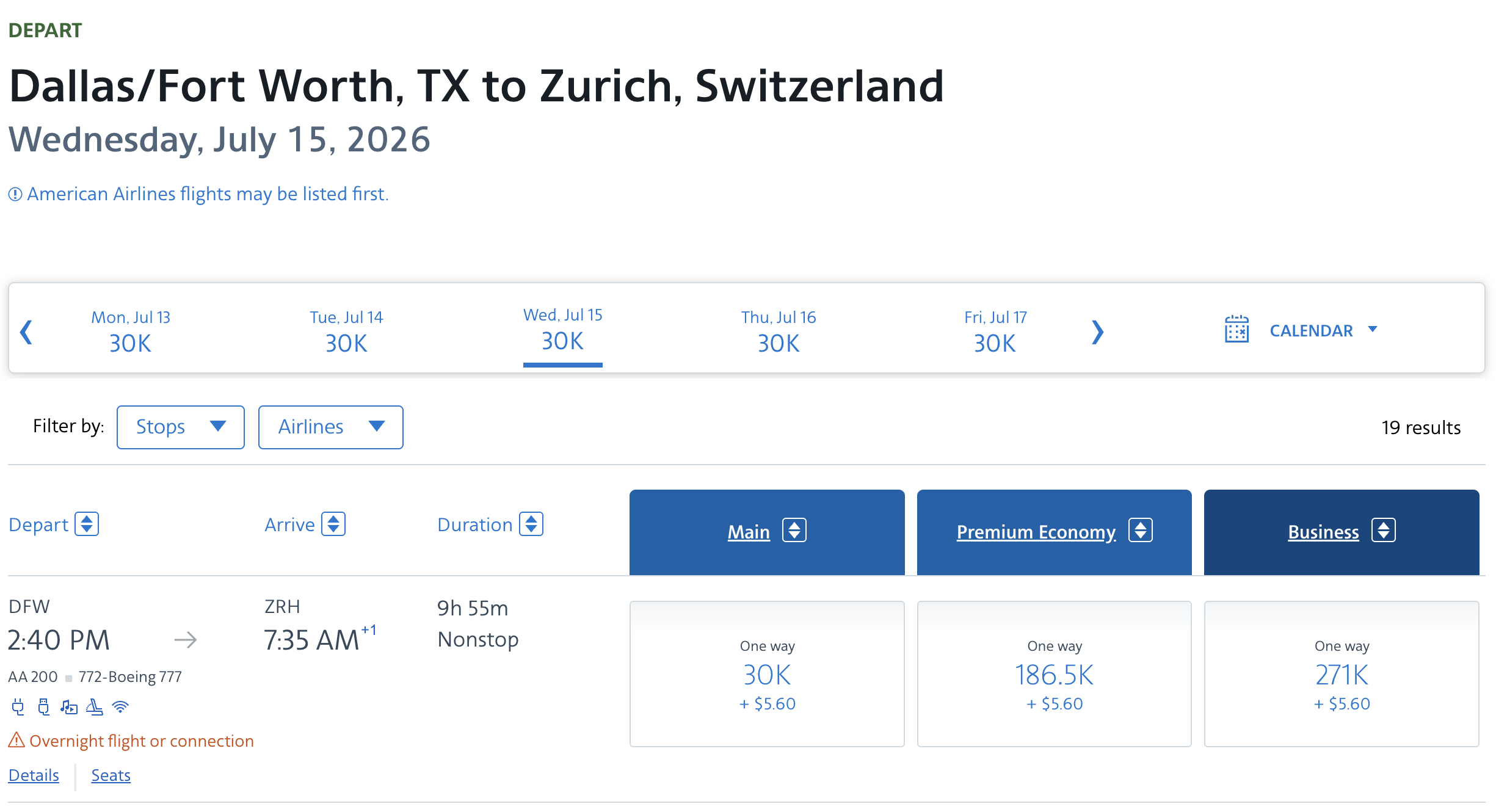 AA DFW ZRH AAdvantage rates