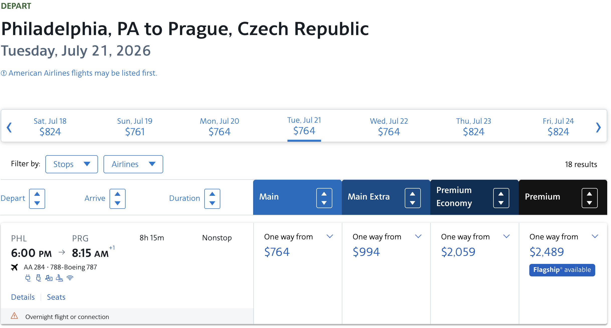 AA PHL PRG Business Class Cash Rates