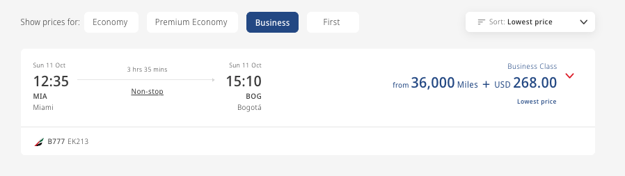 Emirates MIA BOG booking screenshot Emirates MIA BOG booking screenshot