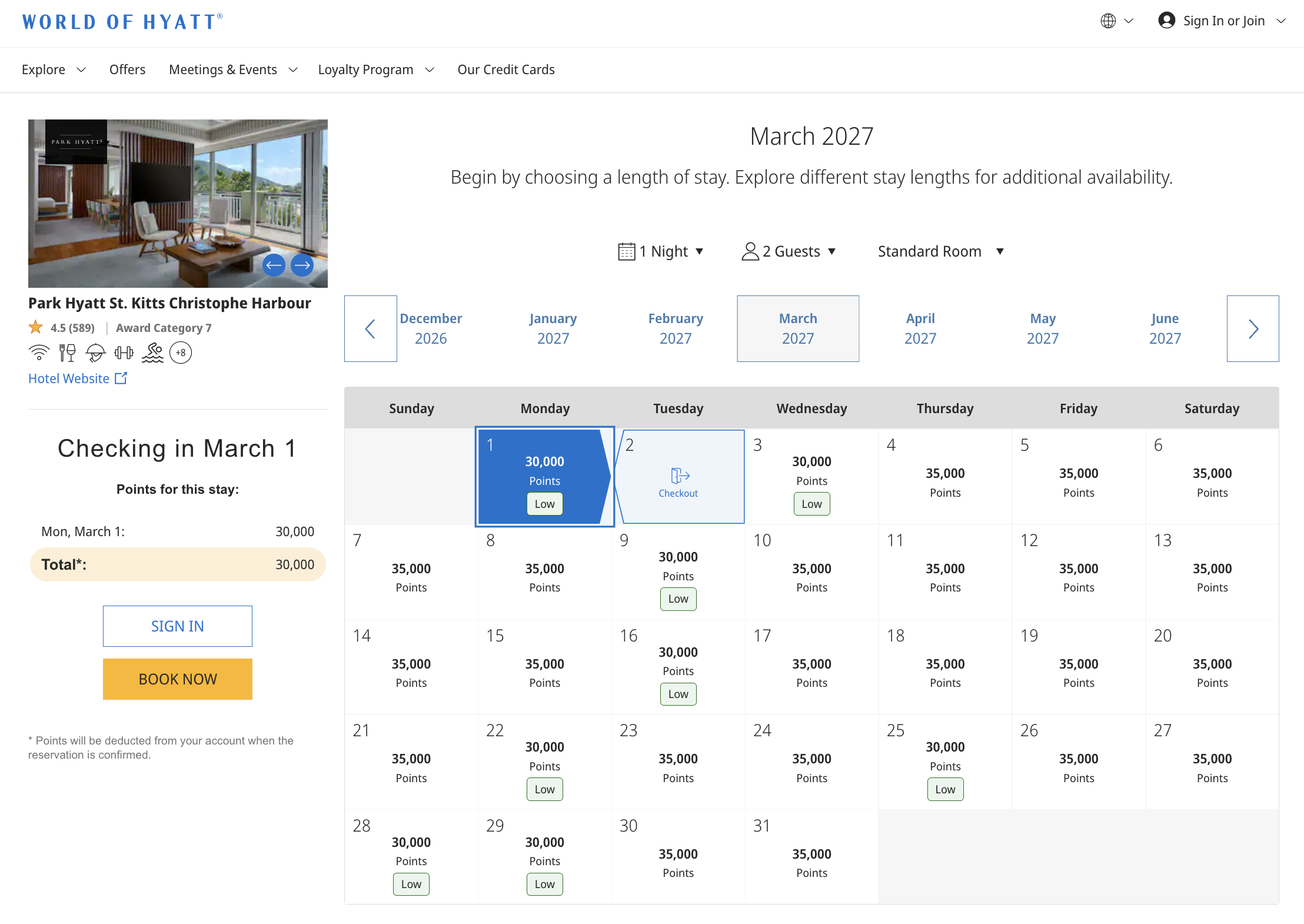 Park Hyatt St Kitts March 2027 Award Availability