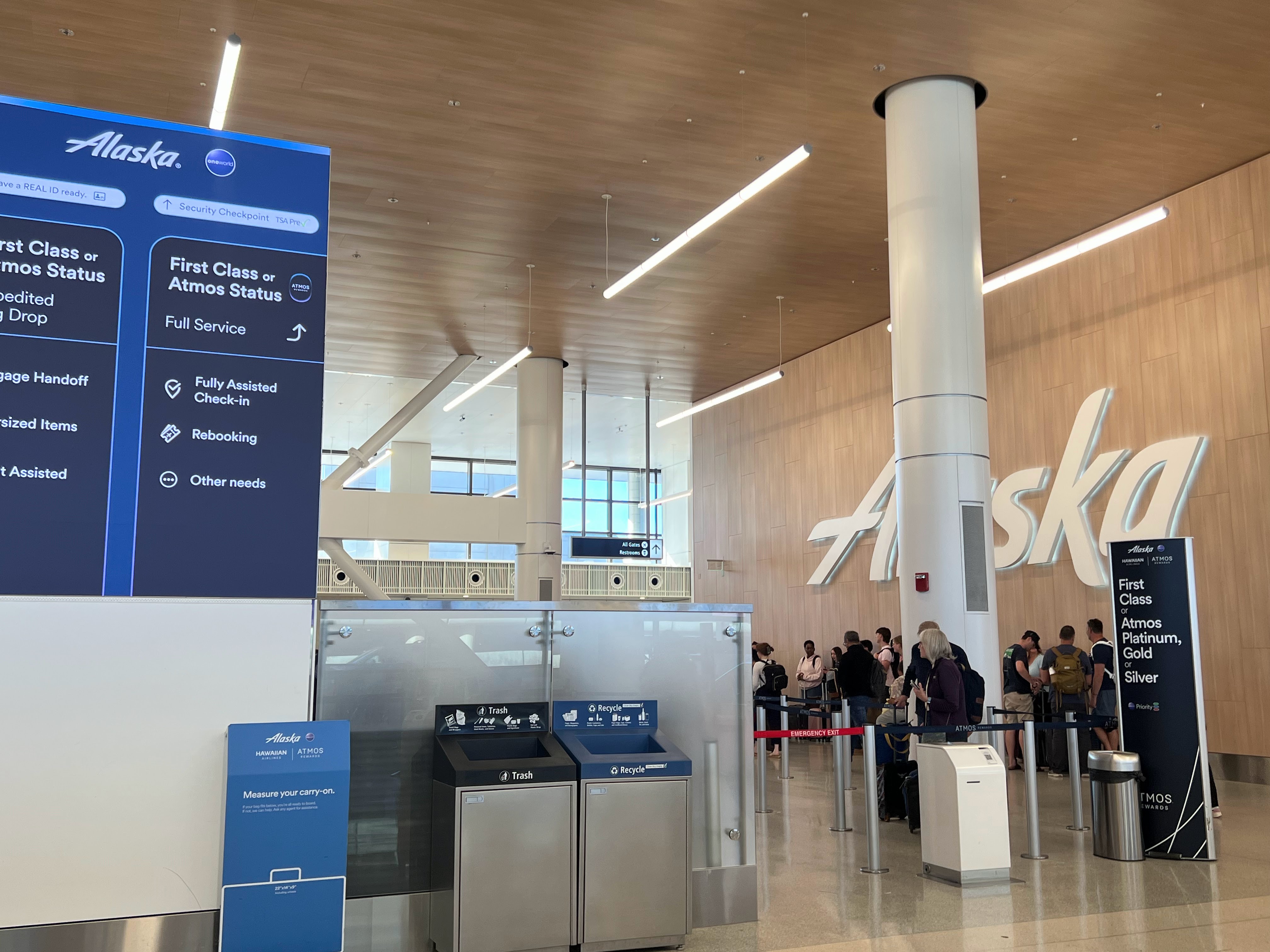 Seattle Airport Alaska first class and Atmos status check in