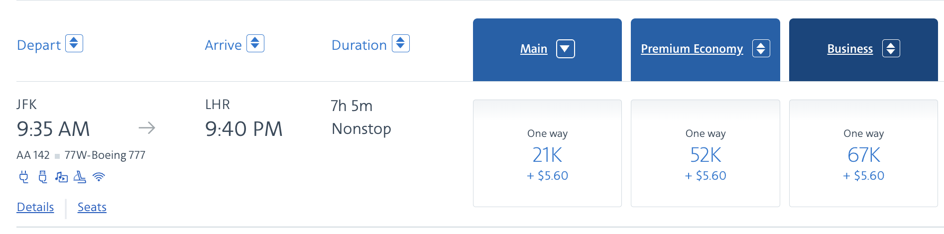AA europe main cabin award sale