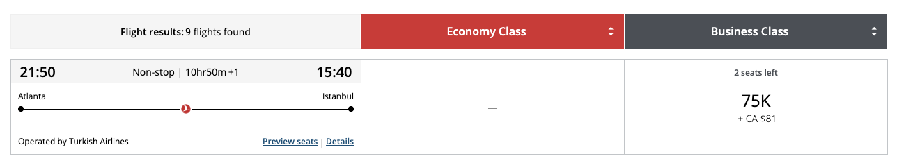 Aeroplan Turkish Airlines business class 75k points Aeroplan Turkish Airlines business class 75k points