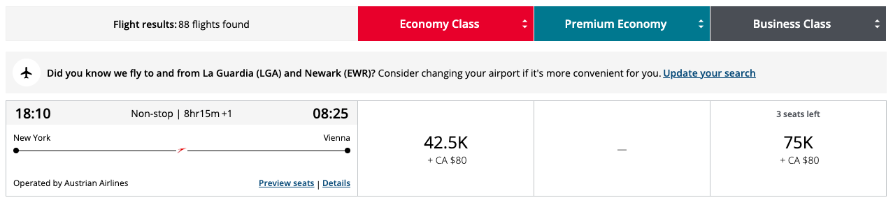 Aeroplan business redemption JFK VIE Aeroplan business redemption JFK VIE