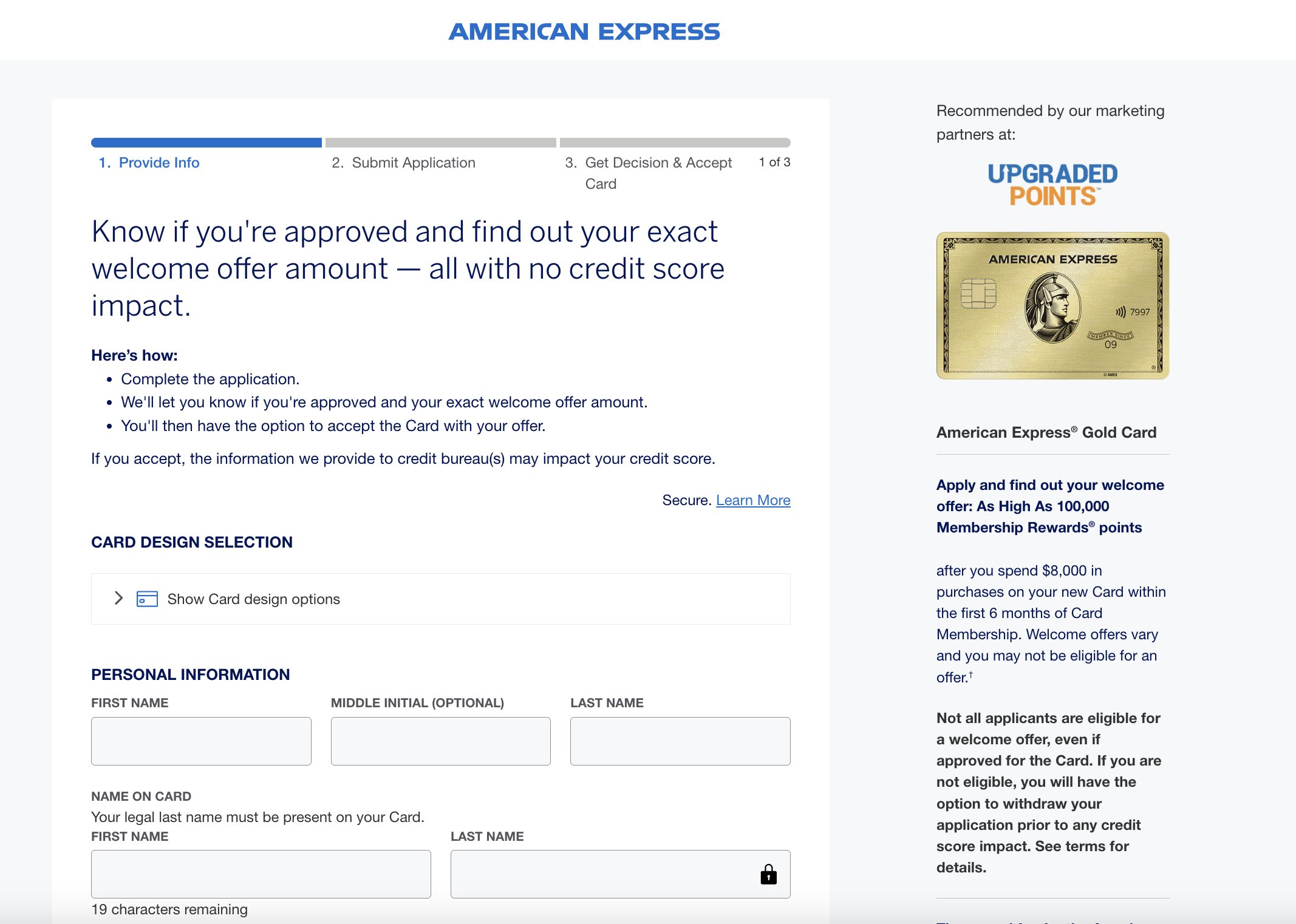 Amex Gold Application Page