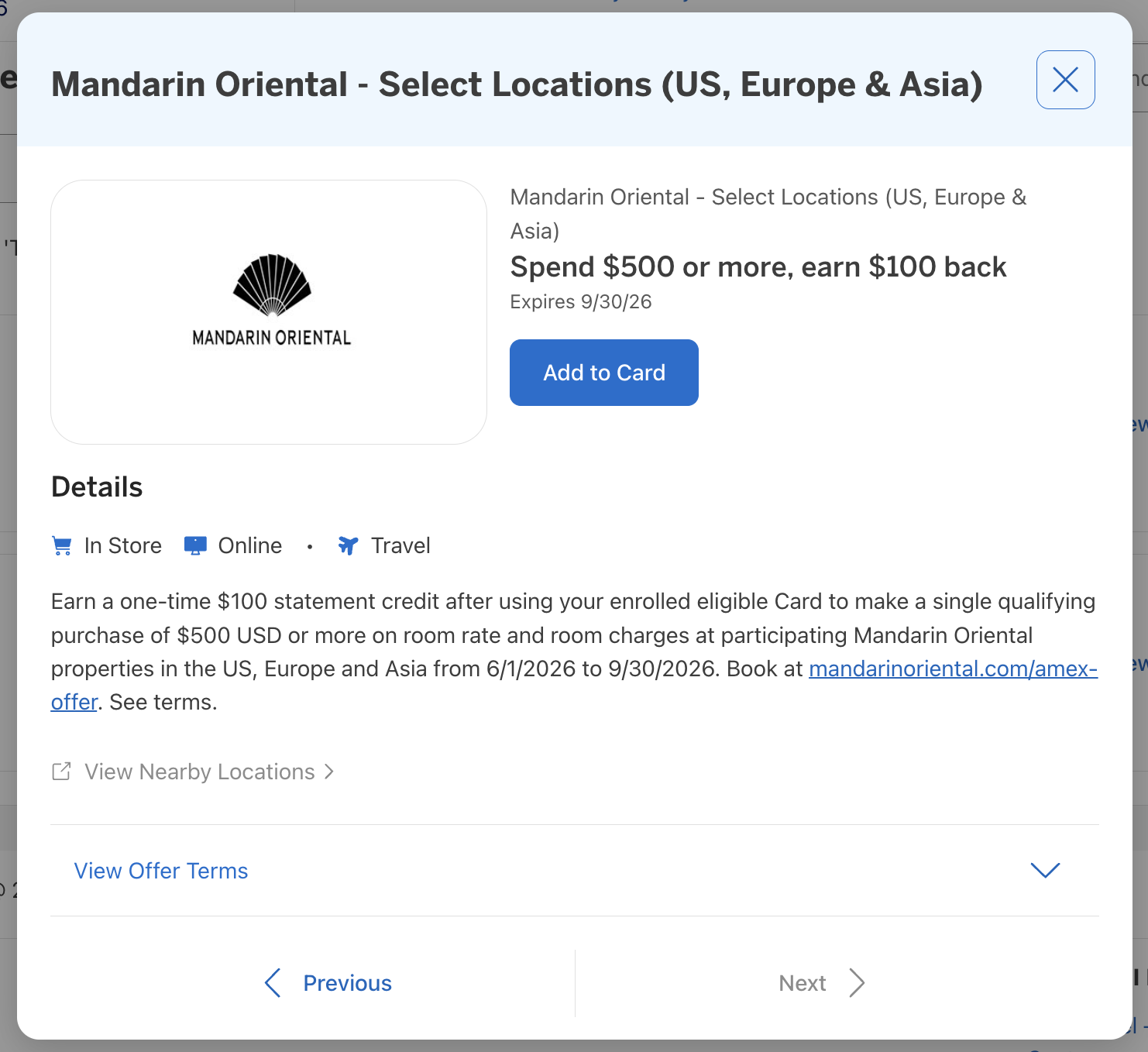 Amex Offer Mandarin Oriental June 2026